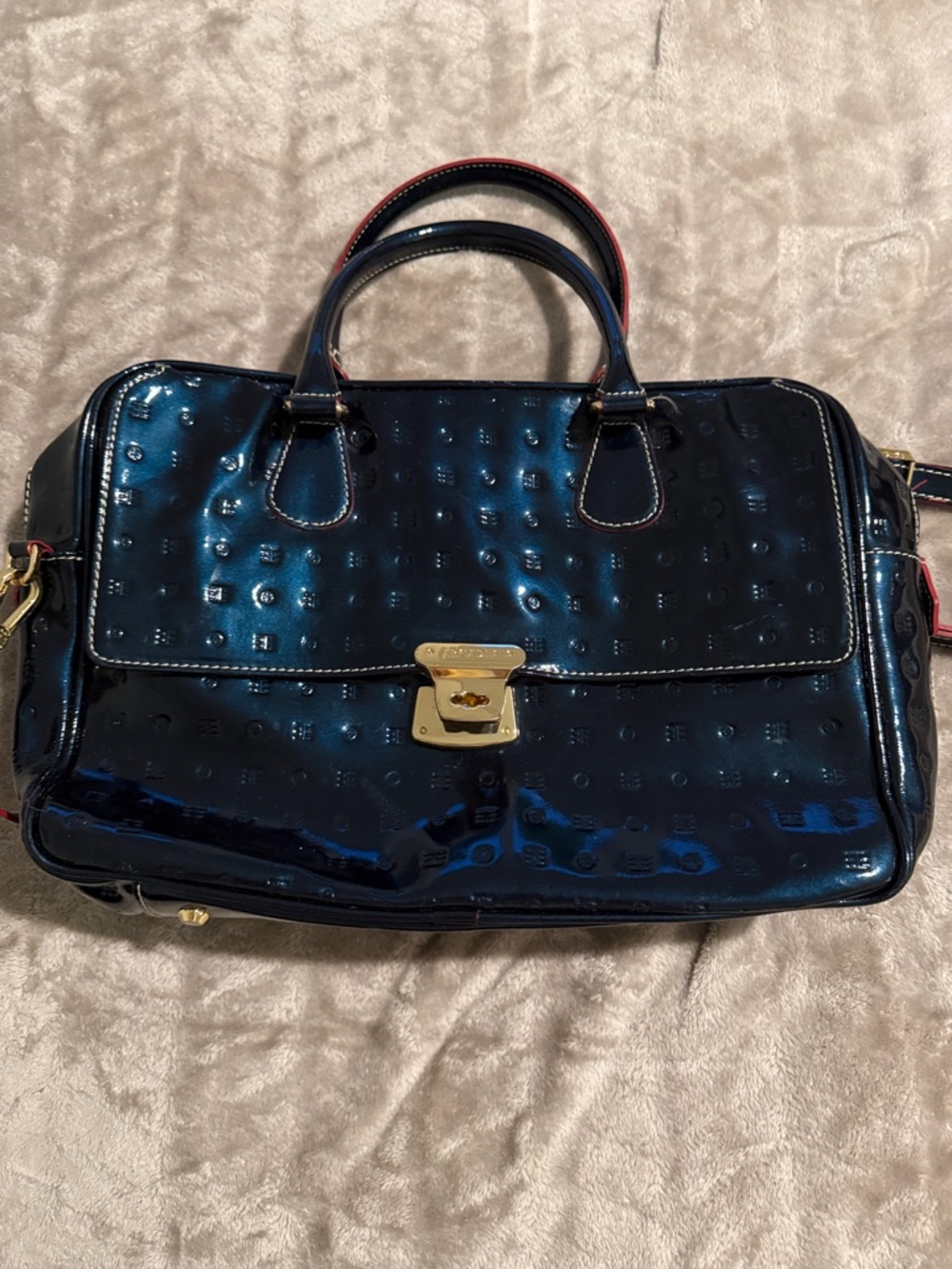 Arcadia Patent Leather Satchel in Shiny Navy Blue with Gold Hardware